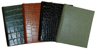 reptile-grain leather 6 x 7 address books, shown in hunter, luggage, black and jade