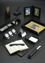 black leather desk pad blotter, time zone clock, leather document tray, cell phone business card holder, stationery box, leather picture frame, pen stand, library set, memo note holder box, pencil cup