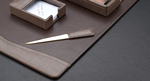 brown pebble-grain textured leather brass letter openeer memo holder note box leather document tray