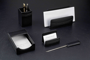 black leather five piece desk accessory set