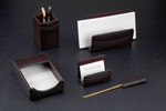 brown leather five piece desk set leather handle brass blade letter opener leather letter rack leather pen pencile box holder cup memo note holder box business card holder