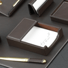 brown leather memo holder with white stitched trim