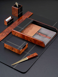 burled wood and black leather 6 piece desk pad set