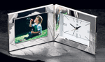silver-plated desk clock and photo frame