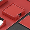 set of four red leather square coasters with matching holder