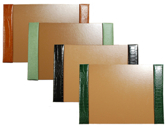 crocodile-grain leather desk pads, shown in luaggage, jade, black and hunter leather