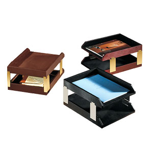 stacking double document trays, shown in black, brown and Burgundy