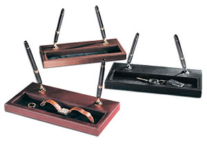 double pen stands, shown in black, brown and Burgundy leather