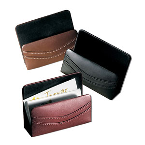 leather business card holders, shown in black, brown and Burgundy