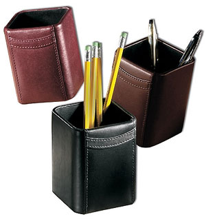 leather pen and pencil holders shown in black, brown and Burgundy