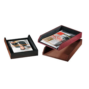 leather legal-size document trays, shown in black, brown and Burgundy