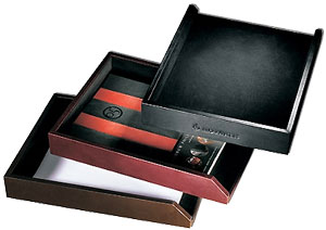 leather letter-size document trays, shown in black, brown and Burgundy