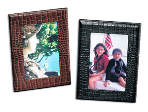 crocodile-grain leather picture frames, shown in black and brown