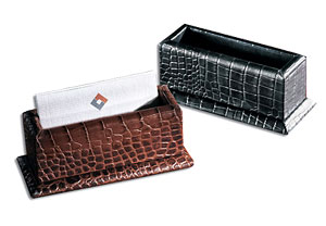 crocodile-imprinted leather business card holders, shown in black and brown