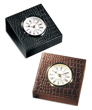 crocodile-grained leather desk clocks, shown in black and brown