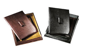 crocodile-grained leather document trays with covers, shown in black and brown