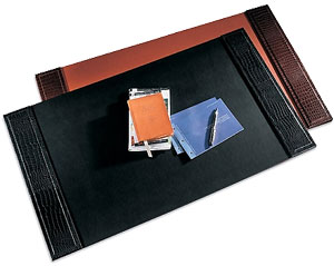crocodile-grain leather desk pads, shown in black and brown