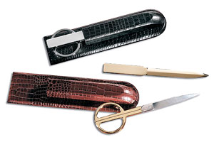 scissors and letter opener set with croco-grain leather case, shown in black and brown