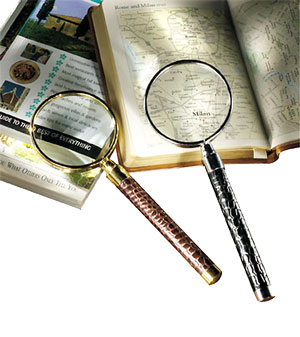 magnifying glasses with black and brown crocodile-debossed leather handles