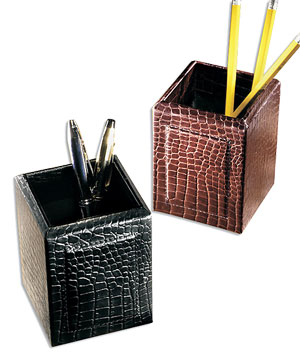 crocodile-grain leather pen and pencil holders, shown in black and brown