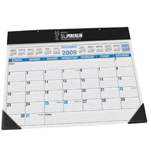 full-size desk pad calendar with custom imprint on vinyl header