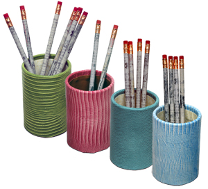 crocodile-grain leather pen and pencil cup holders, shown in apple green and desert pink american lizard, seafoam pebble lizard and sky blue american lizard