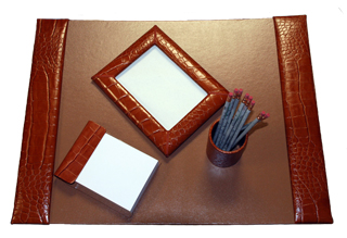 reptile-grain leather medium 4 piece desk set, shown in luggage alligator