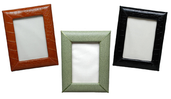 reptile-grain leather 4 x 6 picture frames, shown in luggage, jade and black